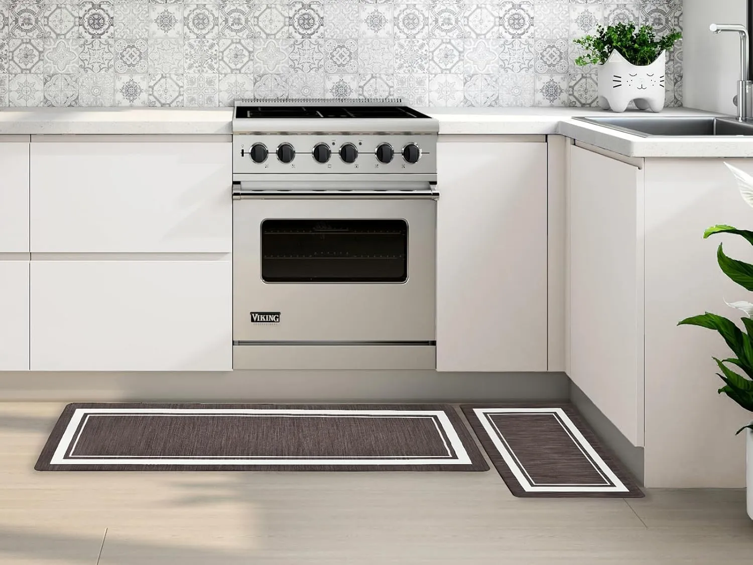 Anti Fatigue Kitchen Mat Set of 2, Kitchen Floor Mat, Waterproof Cushioned Rug, Non Slip Washable Memory Foam Mat for Standing, Sink, Stove, Brown Border, 17.3"x27.6" 17.3"x47.2"
