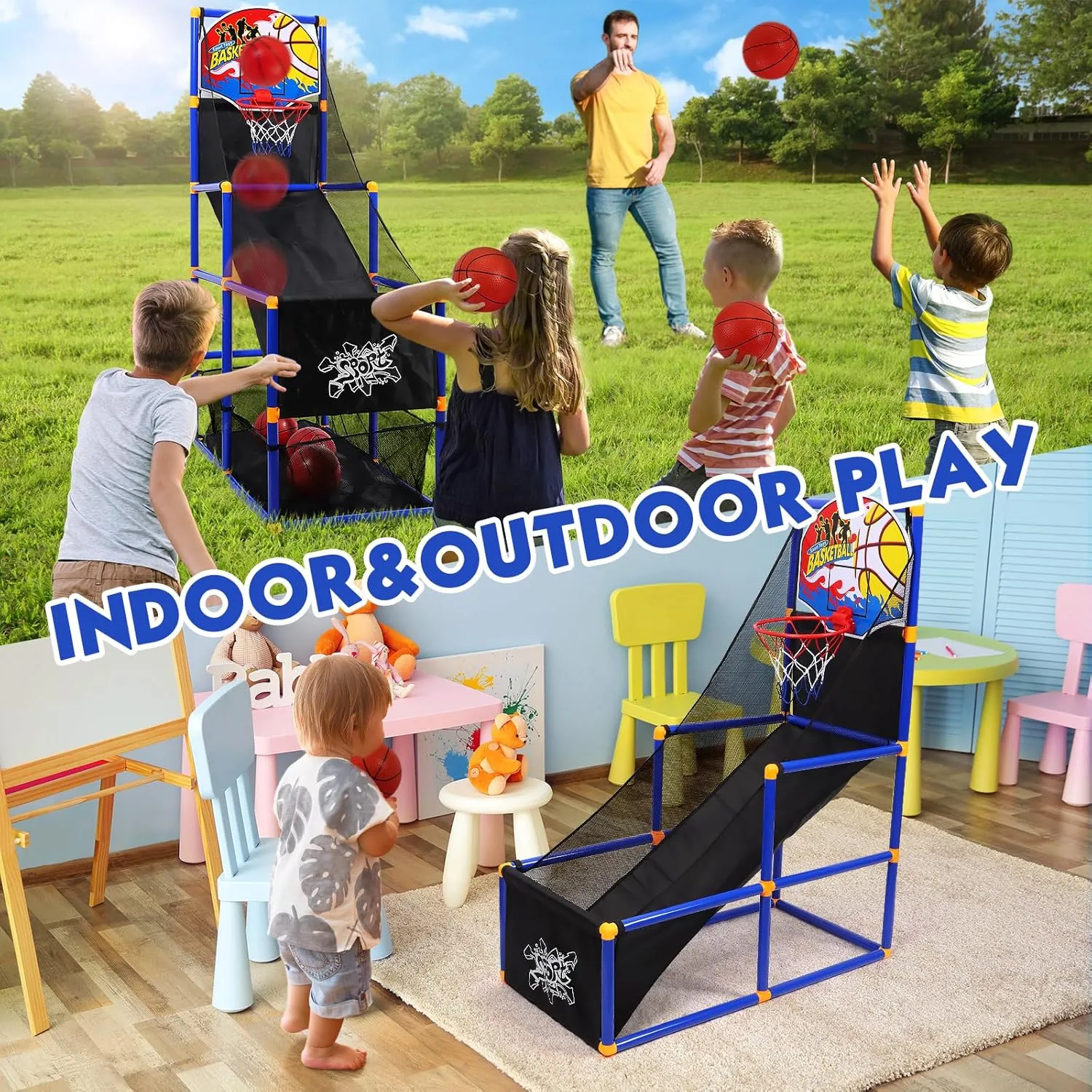 AOKESI Arcade Basketball Game Set for Kids, Toddler Basketball Hoop with 4 Balls Indoor and Outdoor Sports Toys Gifts for Boys Girls Aged 3-4 5-6 7-12 Years Old Adjustable Height Stand