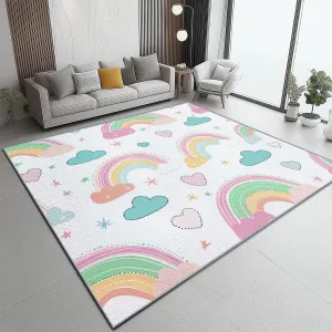 Area Rugs Rectangle 6 x 9 ft Cute Cartoon Colorful Stripes Theme, Flannel Printing Area Rugs with Non-Slip Backing and Durable Edge Binding, Carpets for Home Office Decor White