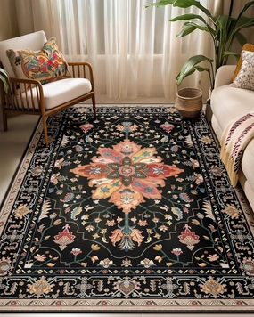 Area Rugs 5'x7' Washable Non-Slip, Floral Vintage Distress Print Pattern Medallion Carpet for Living Room Bedroom Dining Room, Black Colorful