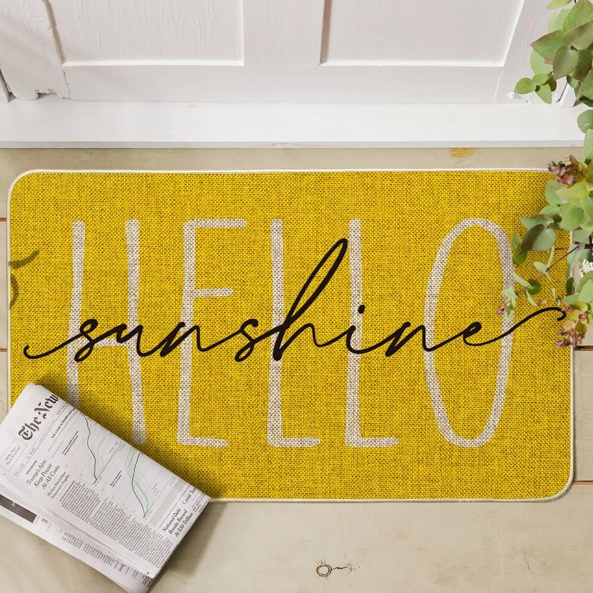 Artoid Mode Yellow Hello Sunshine Summer Decorative Doormat, Seasonal Spring Holiday Low-Profile Floor Mat Switch Mat for Indoor Outdoor 17 x 29 Inch