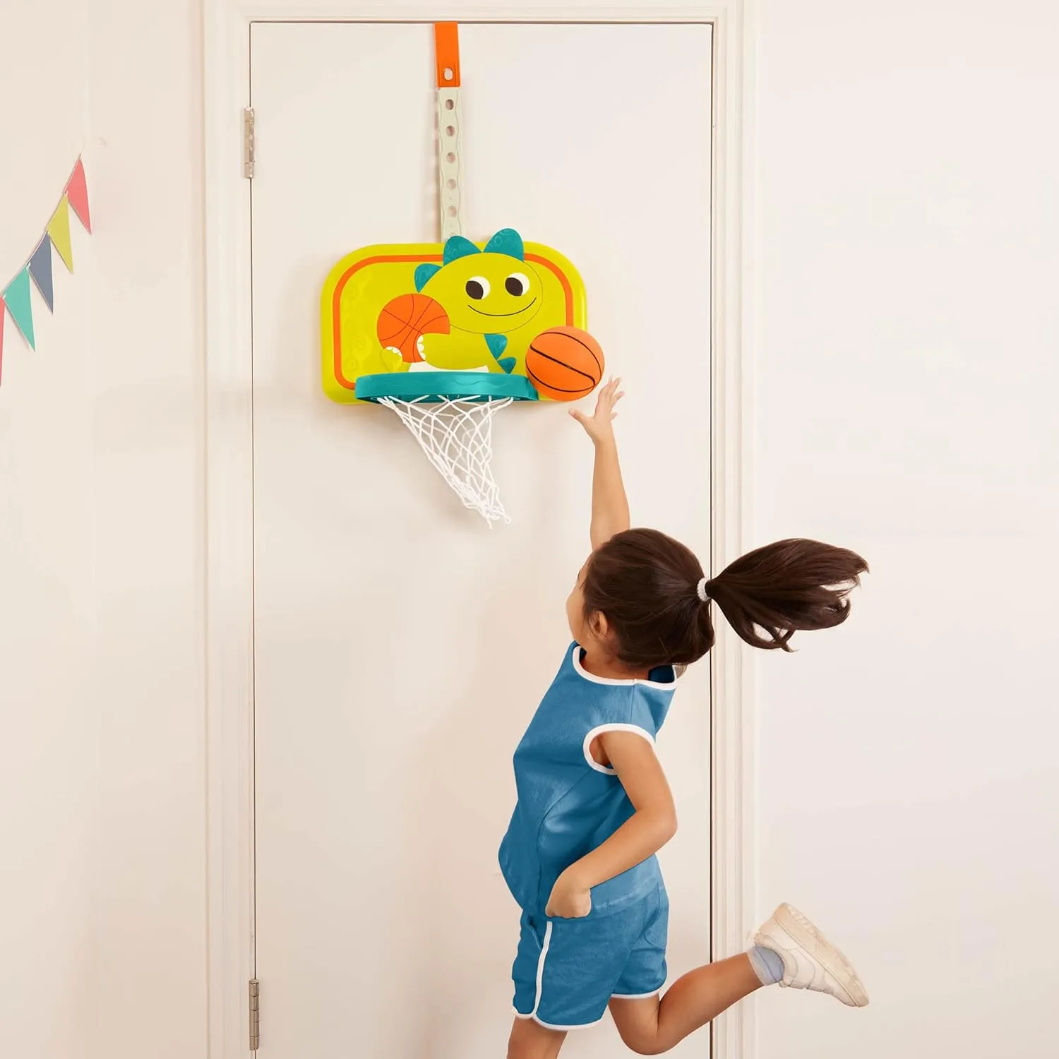 B. toys – Hanging Basketball Net – Adjustable Height – Mini Ball & Air Pump – Sports Toys & Active Play – 3 Years   – Dinosaur Dribbler