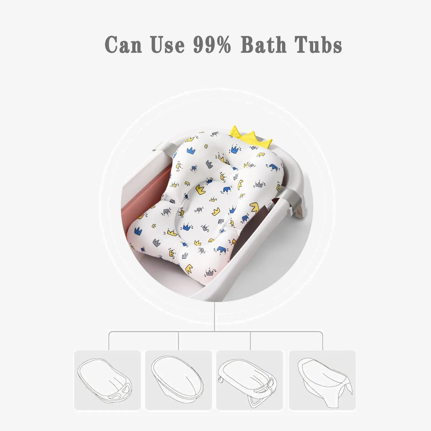 Baby Bath Pad, Soft Bathtub Mat, Adjustable Nonslip Newborn Toddler Bath Cushion, Comfortable Skin Friendly Floating Pad for 0-12 Months Infant (Crown)