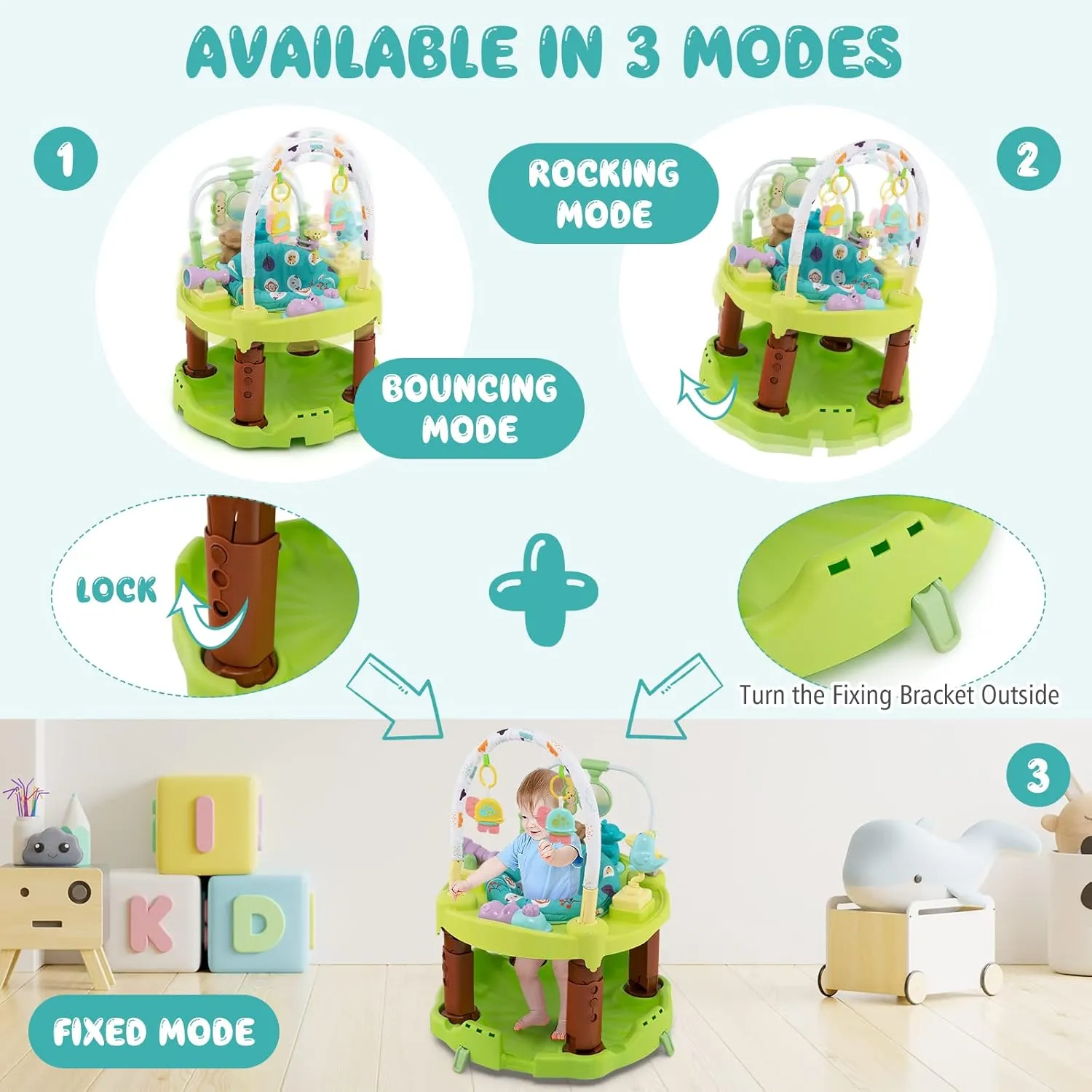 BABY JOY Baby Bouncer Activity Center, 3 in 1 Activity Center & Table | Infant Play Mat, Bouncing Activity Saucer w/Music, 3 Adjustable Height, 360° Seat for Babies 0-24 Months (Green)