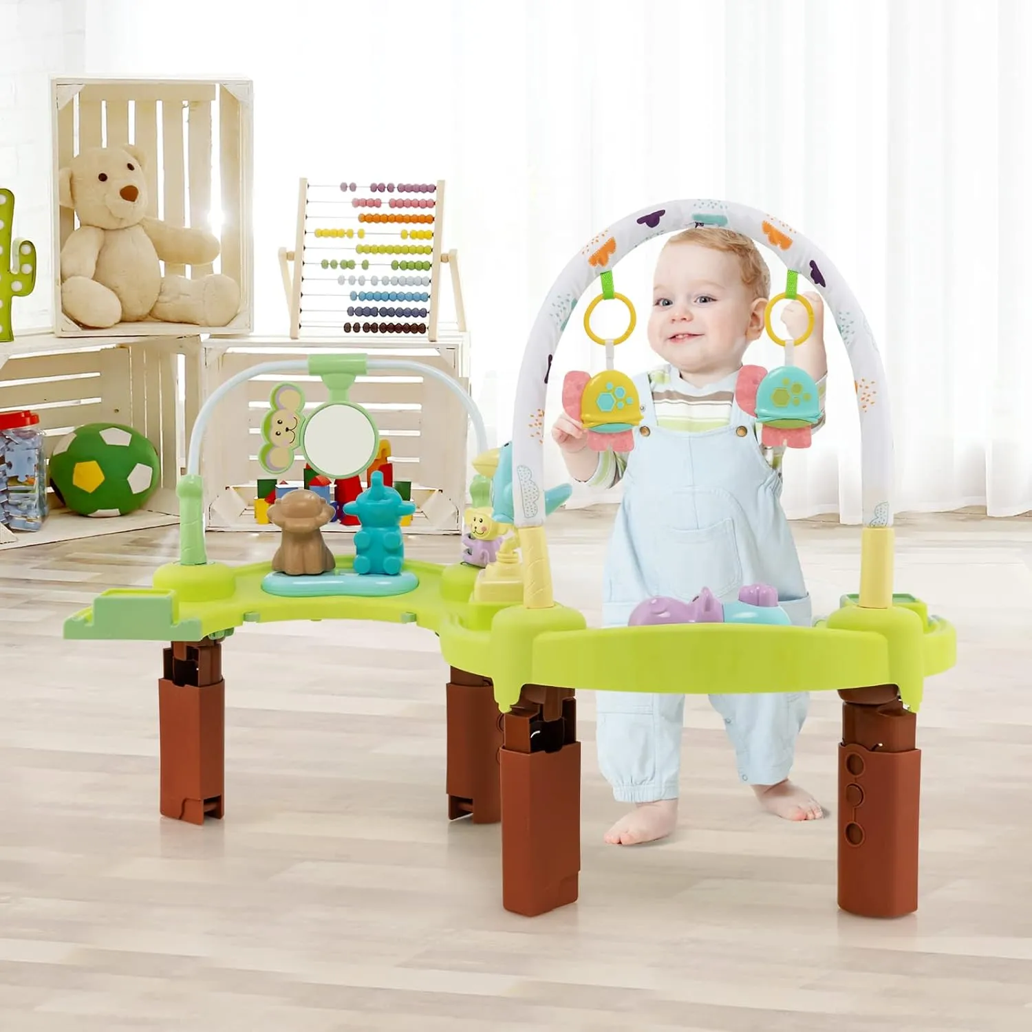 BABY JOY Baby Bouncer Activity Center, 3 in 1 Activity Center & Table | Infant Play Mat, Bouncing Activity Saucer w/Music, 3 Adjustable Height, 360° Seat for Babies 0-24 Months (Green)
