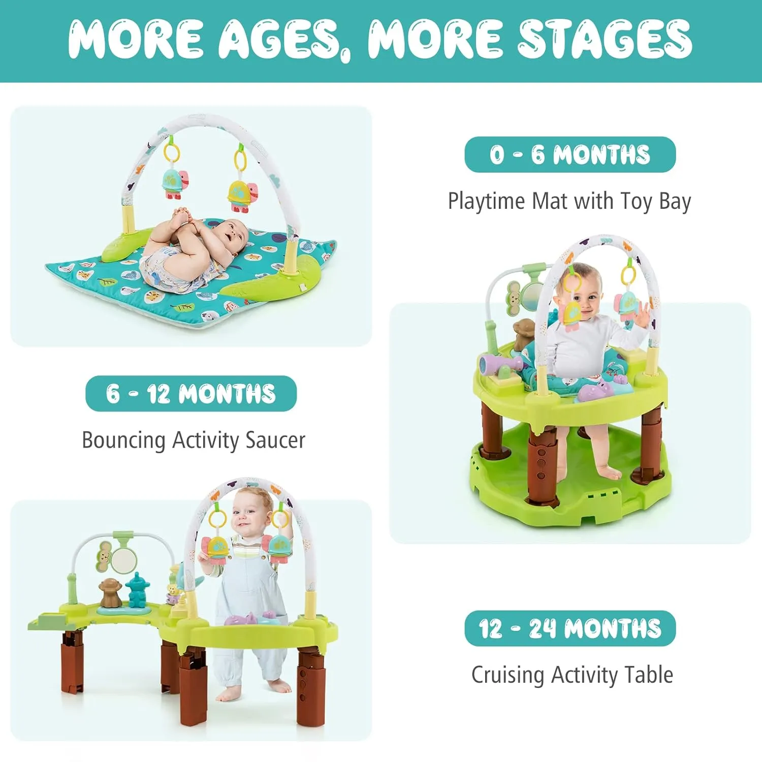 BABY JOY Baby Bouncer Activity Center, 3 in 1 Activity Center & Table | Infant Play Mat, Bouncing Activity Saucer w/Music, 3 Adjustable Height, 360° Seat for Babies 0-24 Months (Green)