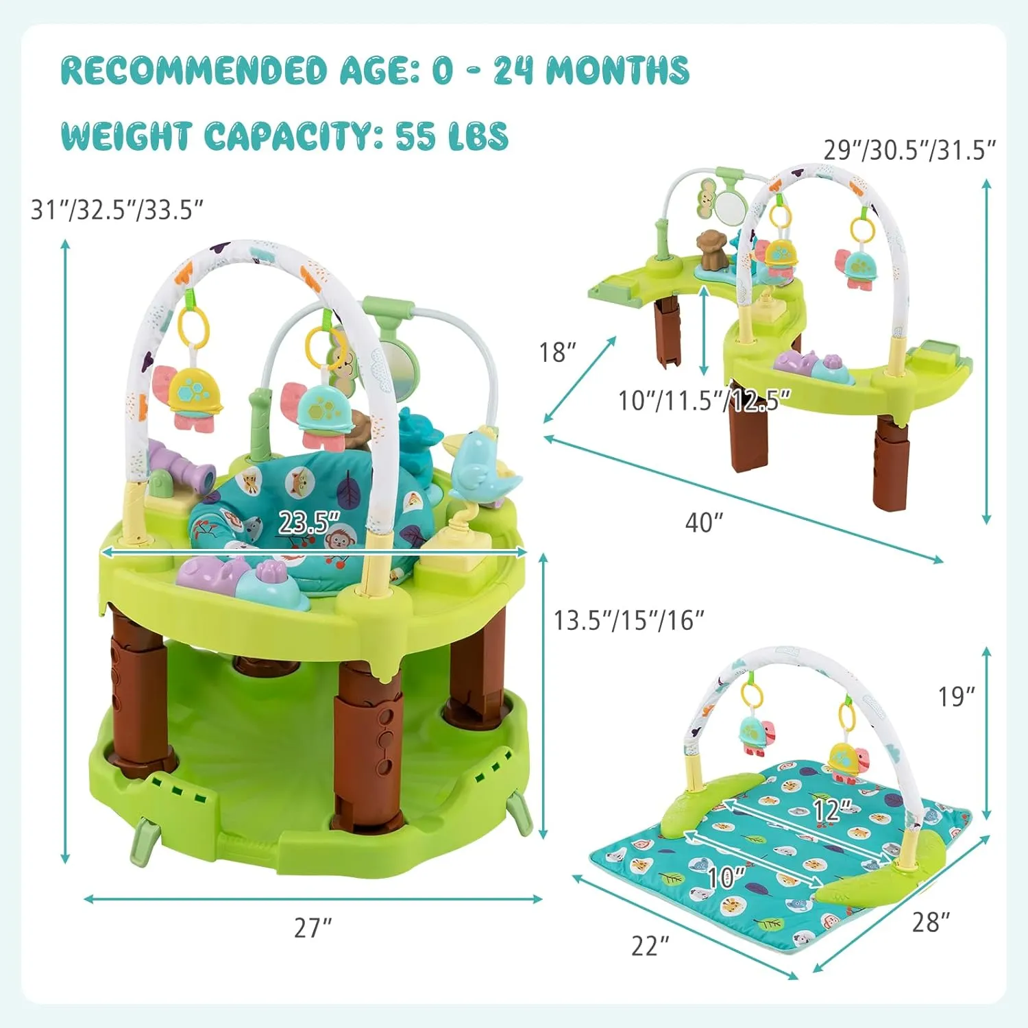 BABY JOY Baby Bouncer Activity Center, 3 in 1 Activity Center & Table | Infant Play Mat, Bouncing Activity Saucer w/Music, 3 Adjustable Height, 360° Seat for Babies 0-24 Months (Green)