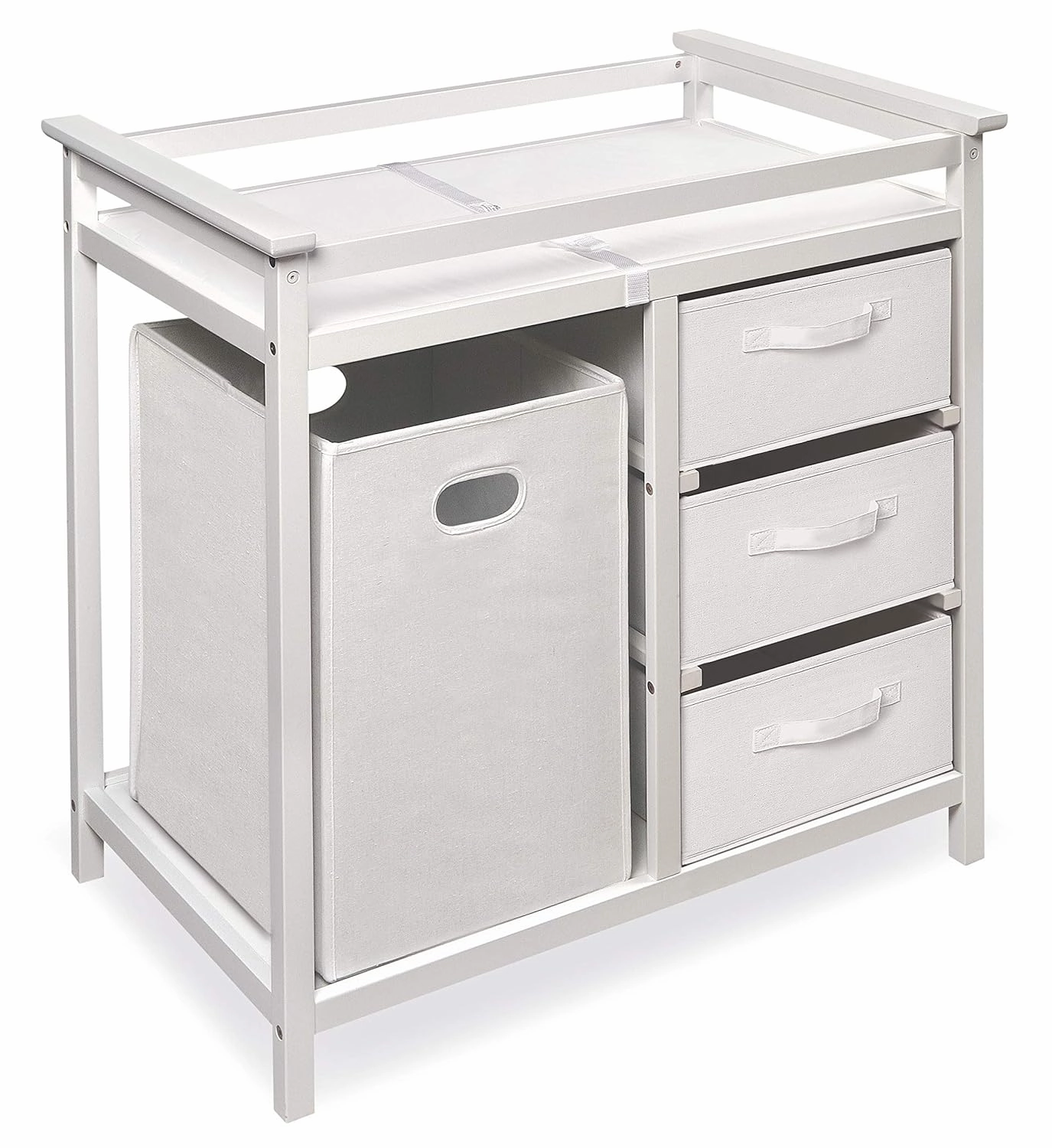 Badger Basket Modern Baby Changing Table - Portable Diaper Station with 3 Drawers Pad & Hamper - Storage Organizer for Baby Clothes, Diapers & Toys - Fresh White/White