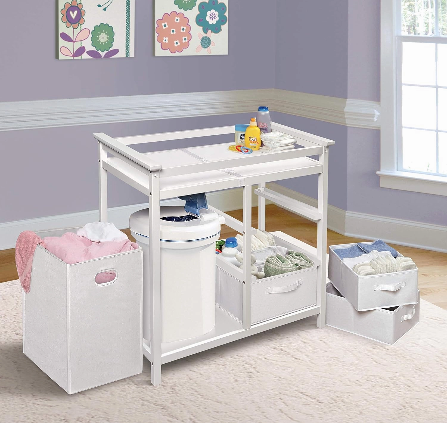 Badger Basket Modern Baby Changing Table - Portable Diaper Station with 3 Drawers Pad & Hamper - Storage Organizer for Baby Clothes, Diapers & Toys - Fresh White/White