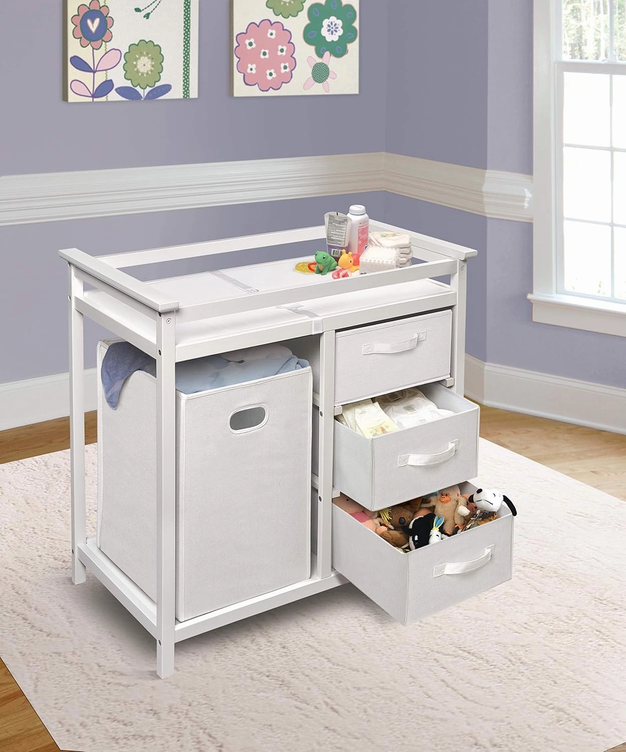 Badger Basket Modern Baby Changing Table - Portable Diaper Station with 3 Drawers Pad & Hamper - Storage Organizer for Baby Clothes, Diapers & Toys - Fresh White/White