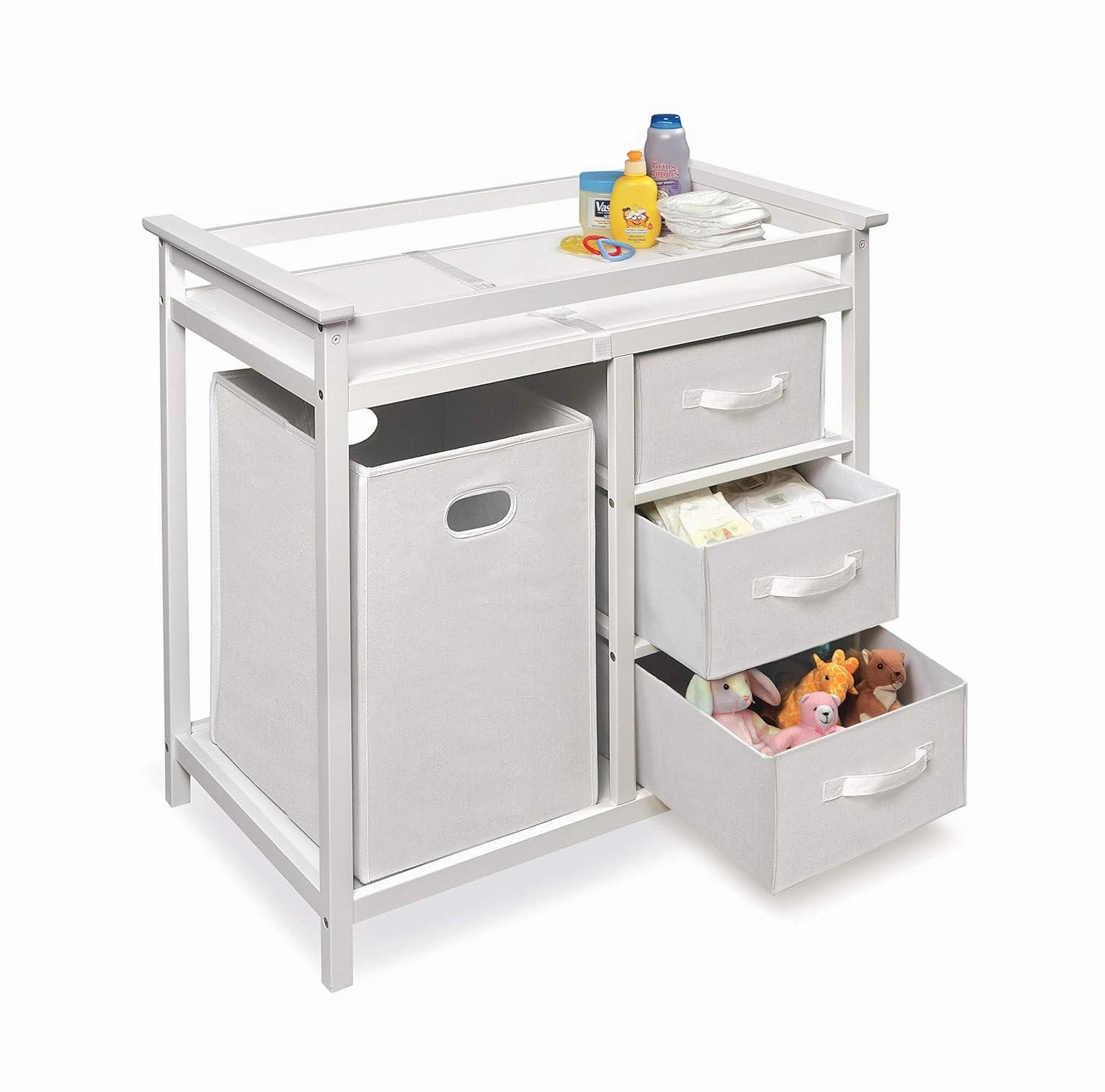 Badger Basket Modern Baby Changing Table - Portable Diaper Station with 3 Drawers Pad & Hamper - Storage Organizer for Baby Clothes, Diapers & Toys - Fresh White/White
