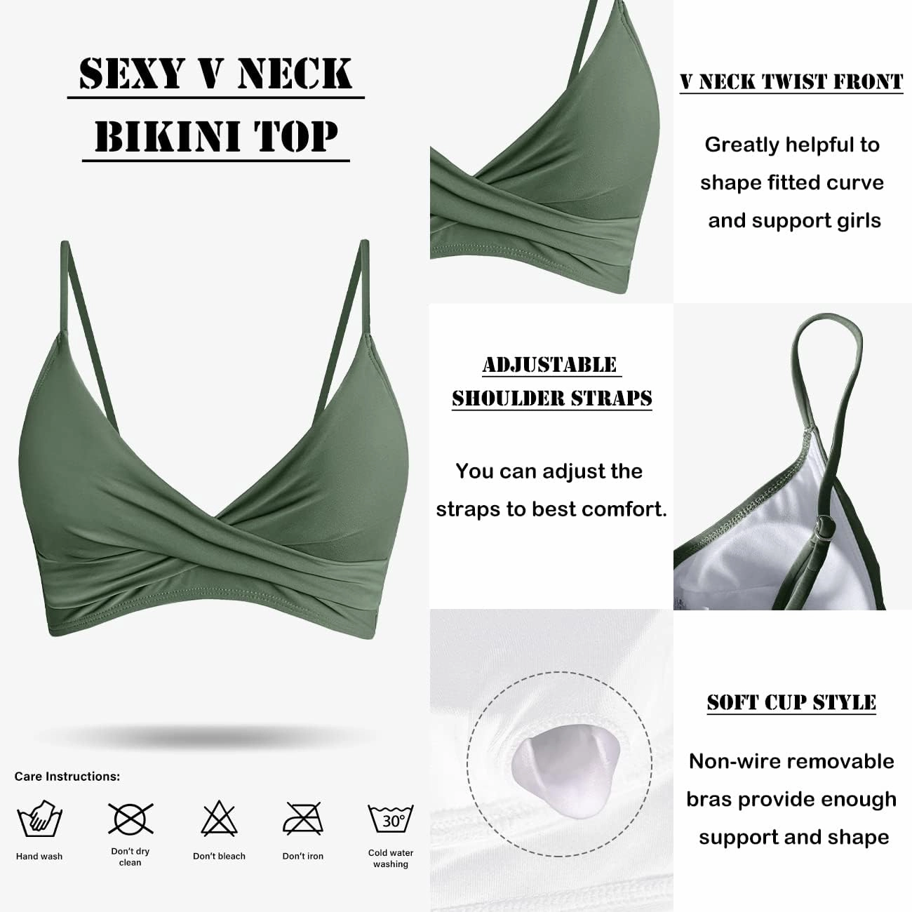 Balasami Women's Push Up Sexy V Neck Adjustable Twist Ruced Front Bikini Swimsuit Top Only