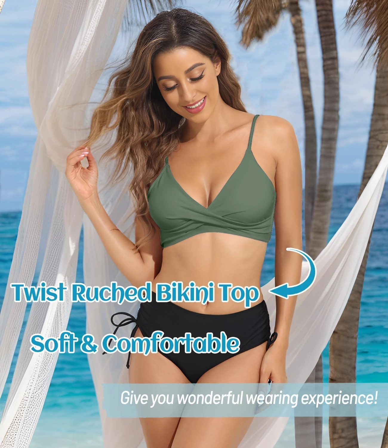 Balasami Women's Push Up Sexy V Neck Adjustable Twist Ruced Front Bikini Swimsuit Top Only