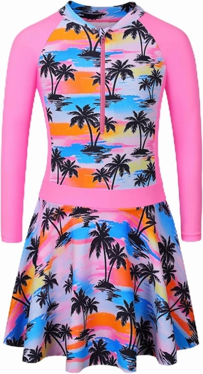 BAOHULU Girls One Piece Swimsuit Long Sleeve Bathing Suit with Skirt UPF 50  Kids Rash Guard Beach Swimwear 3-11 Years