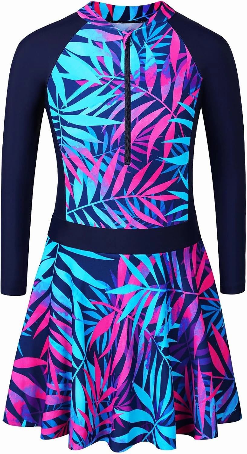 BAOHULU Girls One Piece Swimsuit Long Sleeve Bathing Suit with Skirt UPF 50  Kids Rash Guard Beach Swimwear 3-11 Years