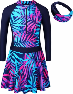 BAOHULU Girls One Piece Swimsuit Long Sleeve Bathing Suit with Skirt UPF 50  Kids Rash Guard Beach Swimwear 3-11 Years