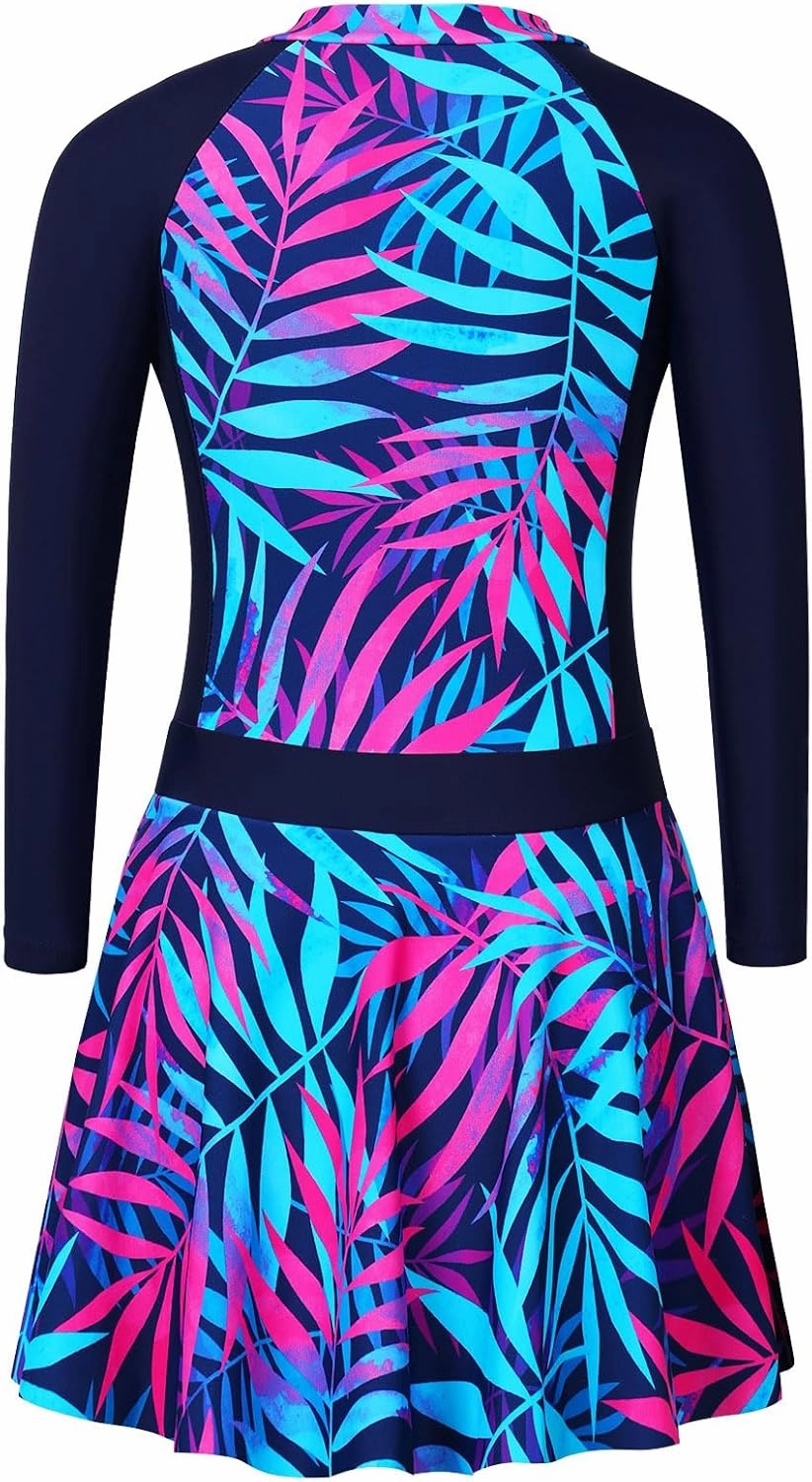 BAOHULU Girls One Piece Swimsuit Long Sleeve Bathing Suit with Skirt UPF 50  Kids Rash Guard Beach Swimwear 3-11 Years