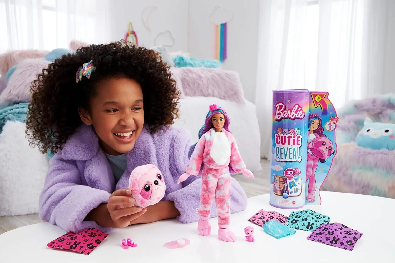 Barbie Cutie Reveal Doll, Fantasy Series Sloth Plush Costume, 10 Surprises Including Mini Pet & Color Change