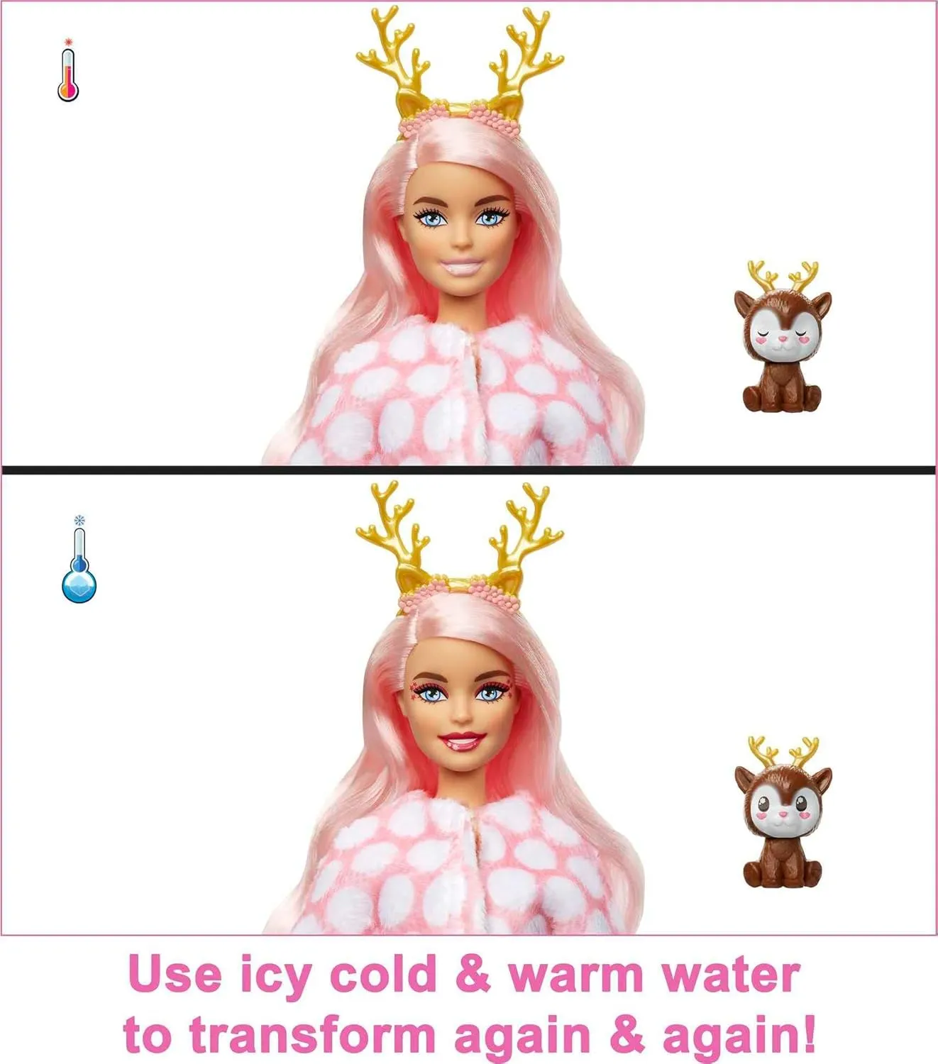 Barbie Cutie Reveal Doll, Snowflake Sparkle Series Deer Plush Costume, 10 Surprises Including Mini Pet & Color Change