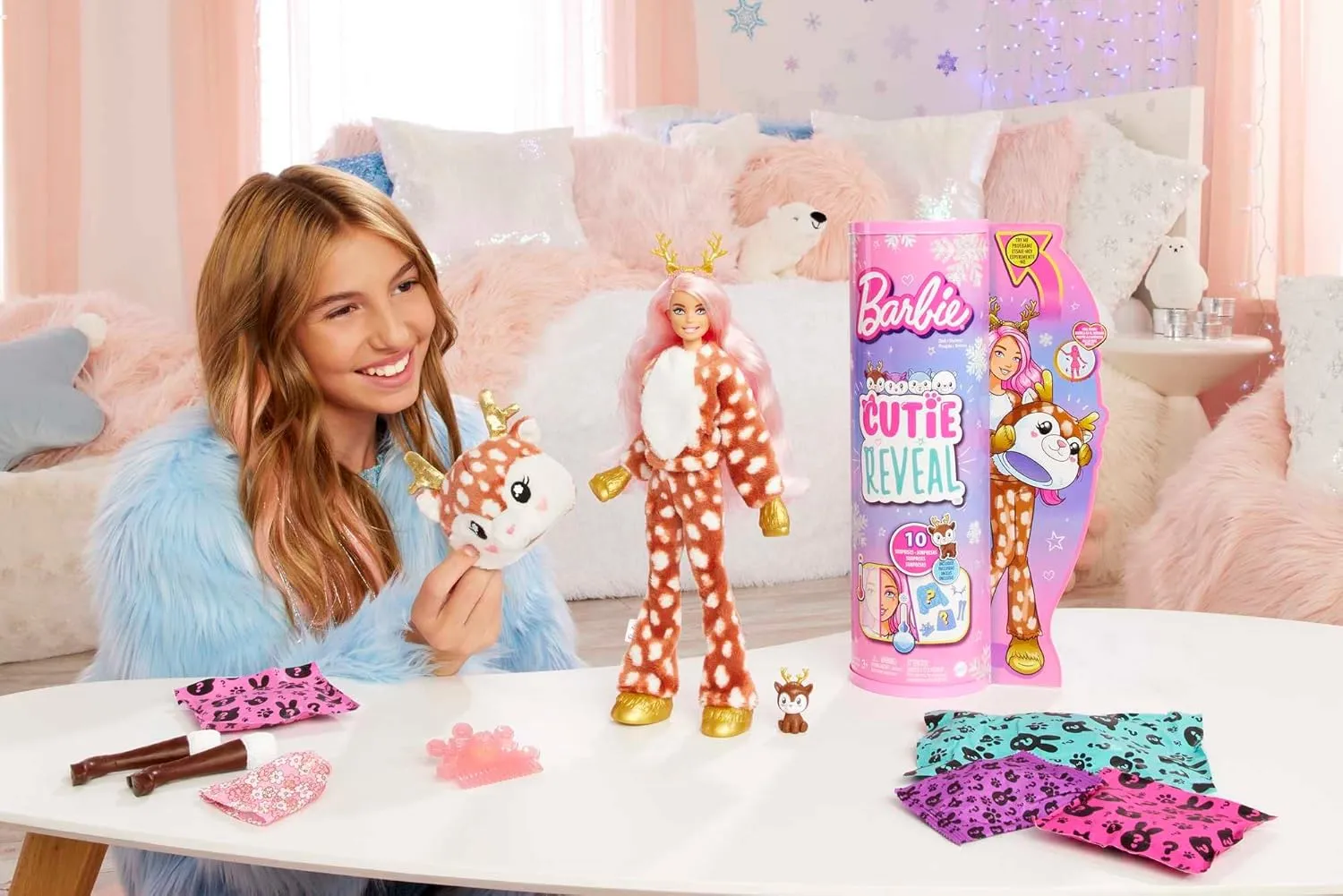 Barbie Cutie Reveal Doll, Snowflake Sparkle Series Deer Plush Costume, 10 Surprises Including Mini Pet & Color Change