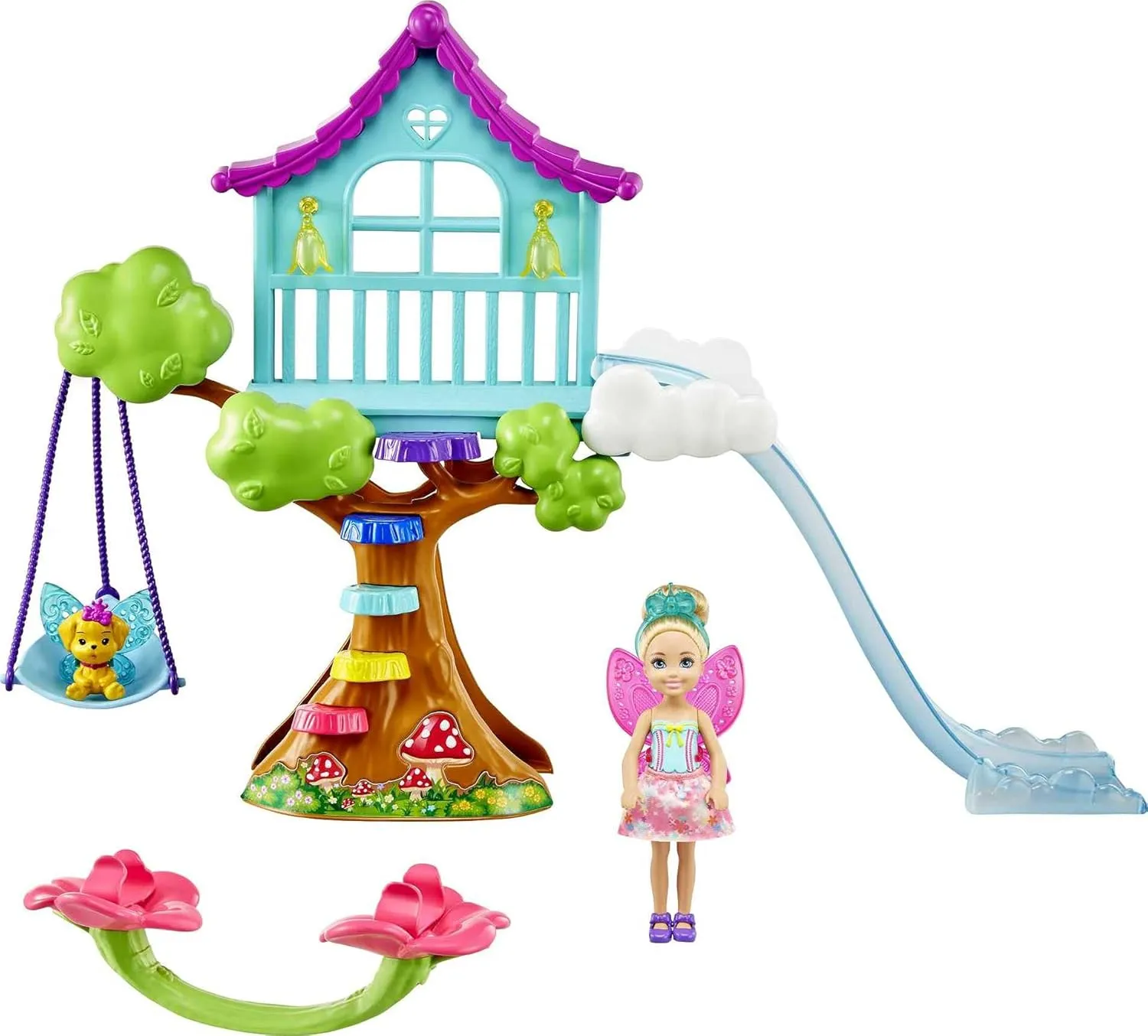 Barbie Dreamtopia Small Doll & Doll House, Chelsea Fairy Treehouse Playset with Accessories & Pet, Includes Seesaw, Swing & Slide