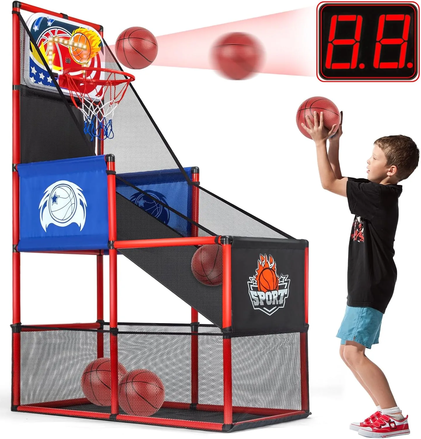 Basketball Arcade Game Set Indoor/Outdoor with LED Scoring and Cheer Sounds, Sport Play Toy Includes 4 Balls & Instruction & Pump for Teen Kids Birthday Christmas Carnival Backyard Party Gift