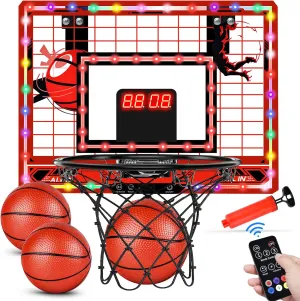 Basketball Hoop Indoor for Kids-Over The Door Mini Basketball Hoop with LED Light, Scoreboard, Remote Control|Upgrade 3 Modes Games| Boys Girls Toys for Ages 3 4 5 6 7 8 9 10  Birthday Gifts