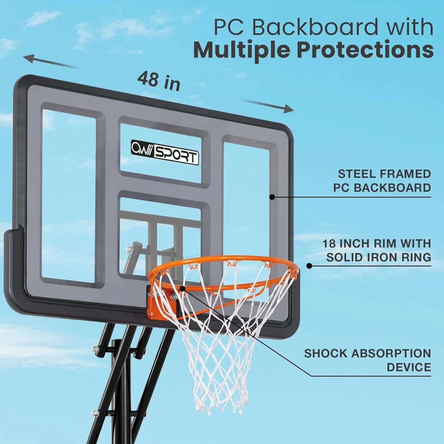 Basketball Hoop Outdoor 44-48Inch Impact Backboard, 5.3-10FT Height Adjustable Basketball Hoop Goal System with Portable Wheels for Adults