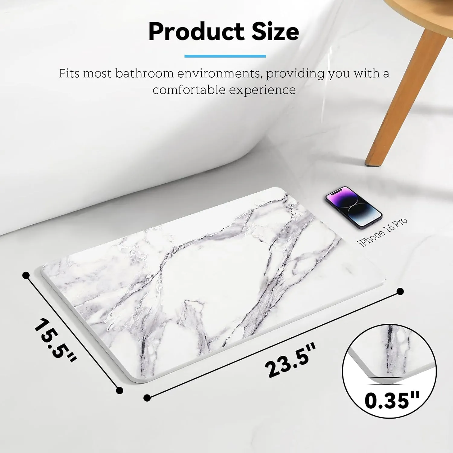 Bath Stone Mat, Fast-Absorbing, Quick-Dry, and Non-Slip Bathroom Mat, Inspired Diatomaceous Earth Bath Mat, White-Marble