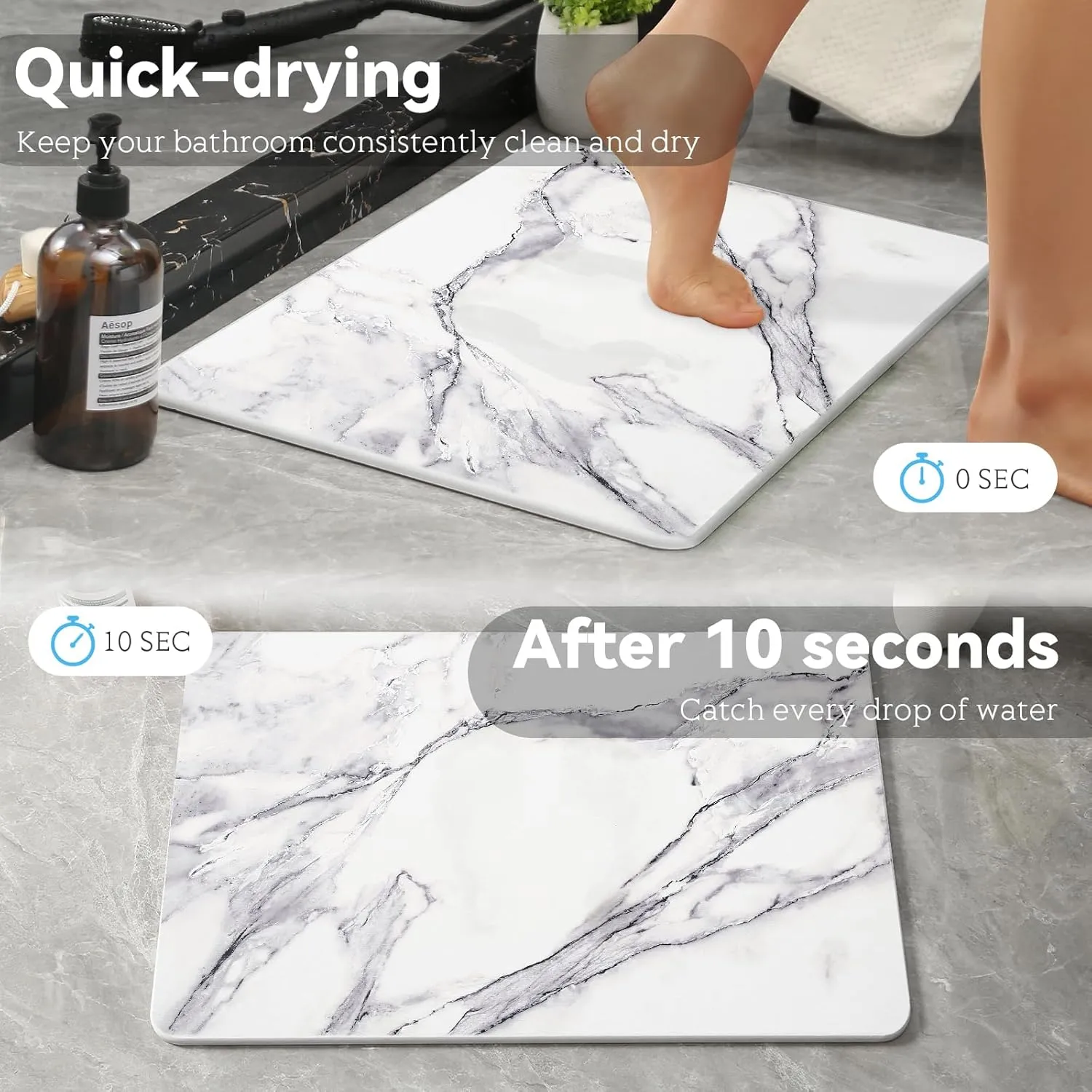 Bath Stone Mat, Fast-Absorbing, Quick-Dry, and Non-Slip Bathroom Mat, Inspired Diatomaceous Earth Bath Mat, White-Marble