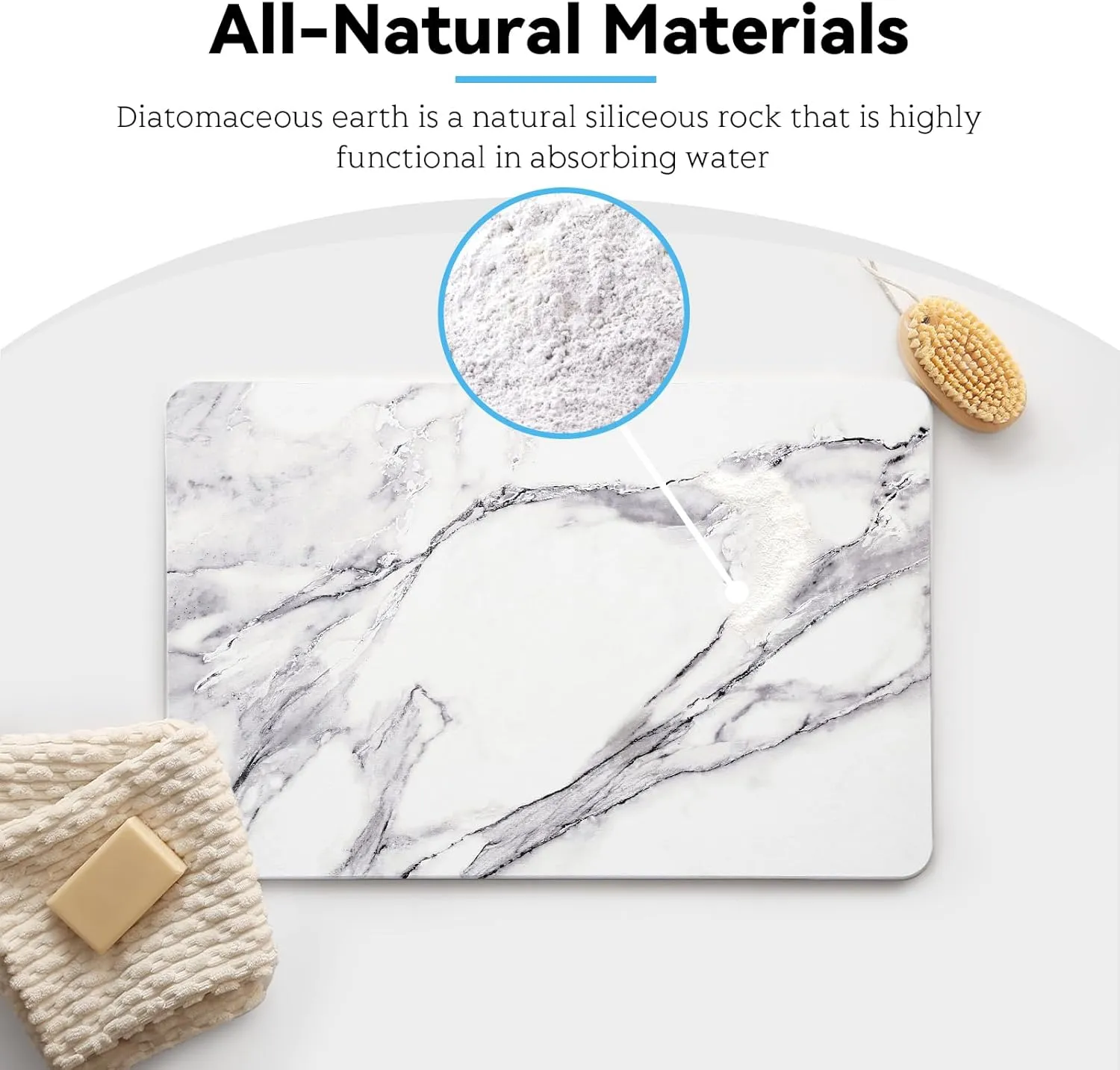 Bath Stone Mat, Fast-Absorbing, Quick-Dry, and Non-Slip Bathroom Mat, Inspired Diatomaceous Earth Bath Mat, White-Marble