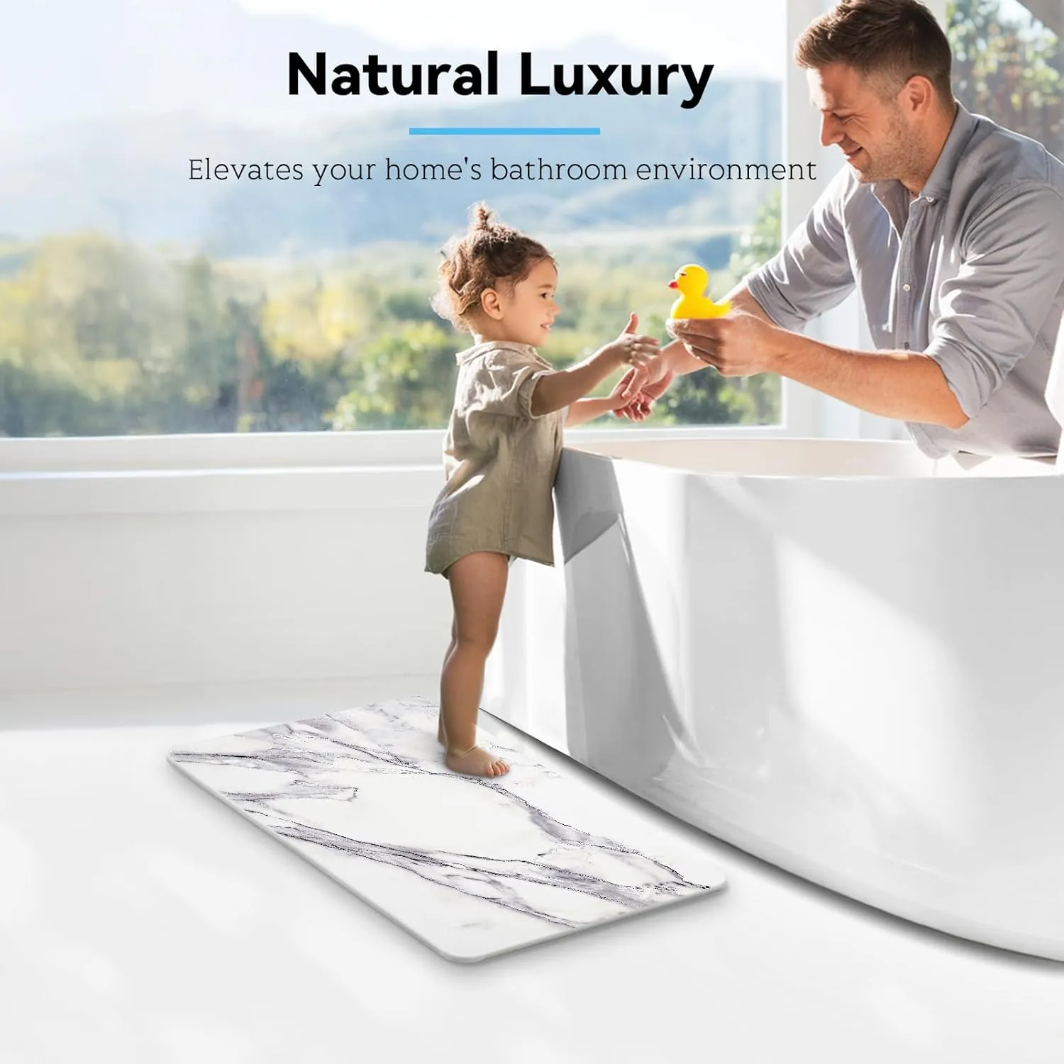 Bath Stone Mat, Fast-Absorbing, Quick-Dry, and Non-Slip Bathroom Mat, Inspired Diatomaceous Earth Bath Mat, White-Marble