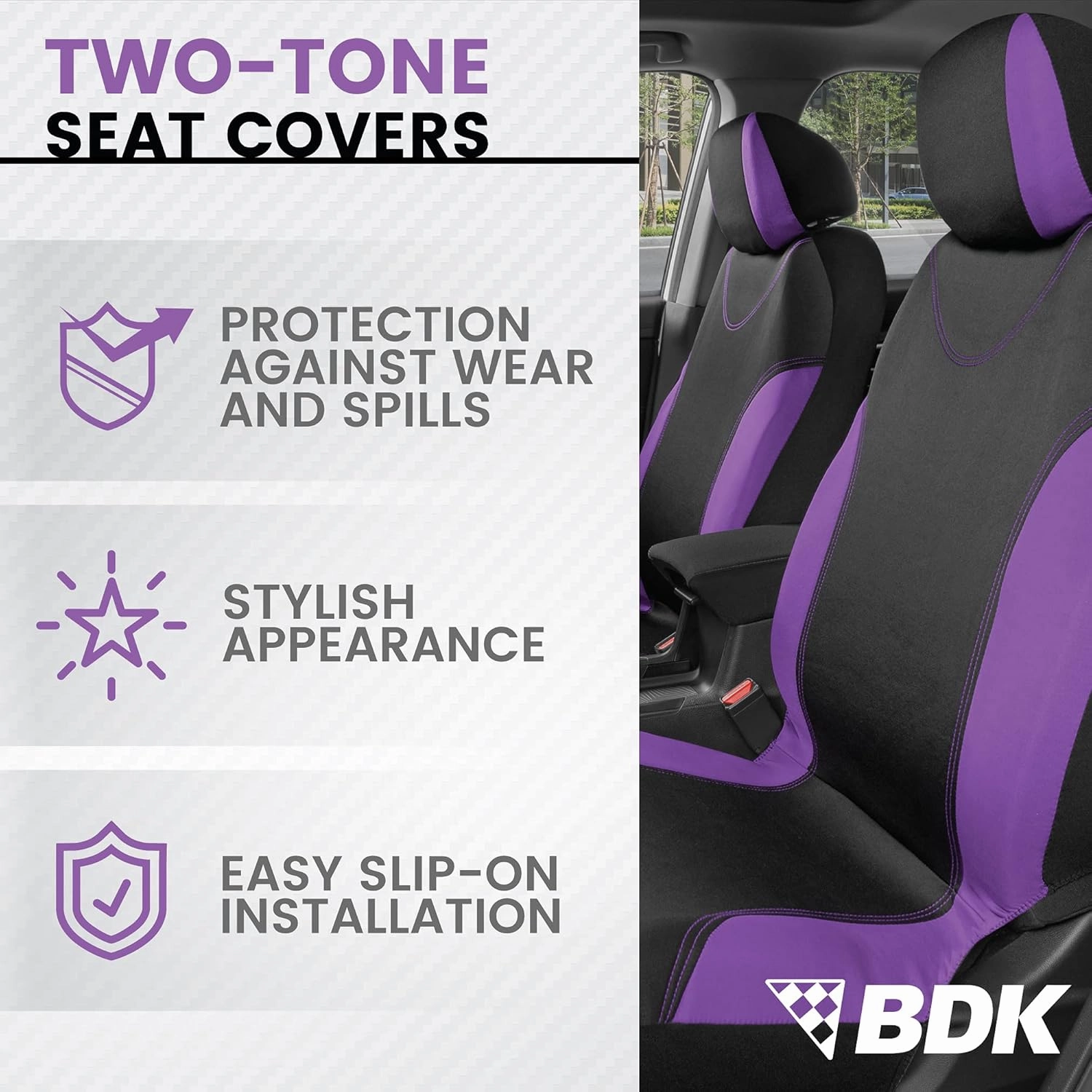 BDK UltraSleek Purple Seat Covers for Cars, Two-Tone Front Seat Covers with Matching Back Car Seat Cover, Made to Fit Most Auto Truck Van SUV, Interior Car Accessories, Full Set