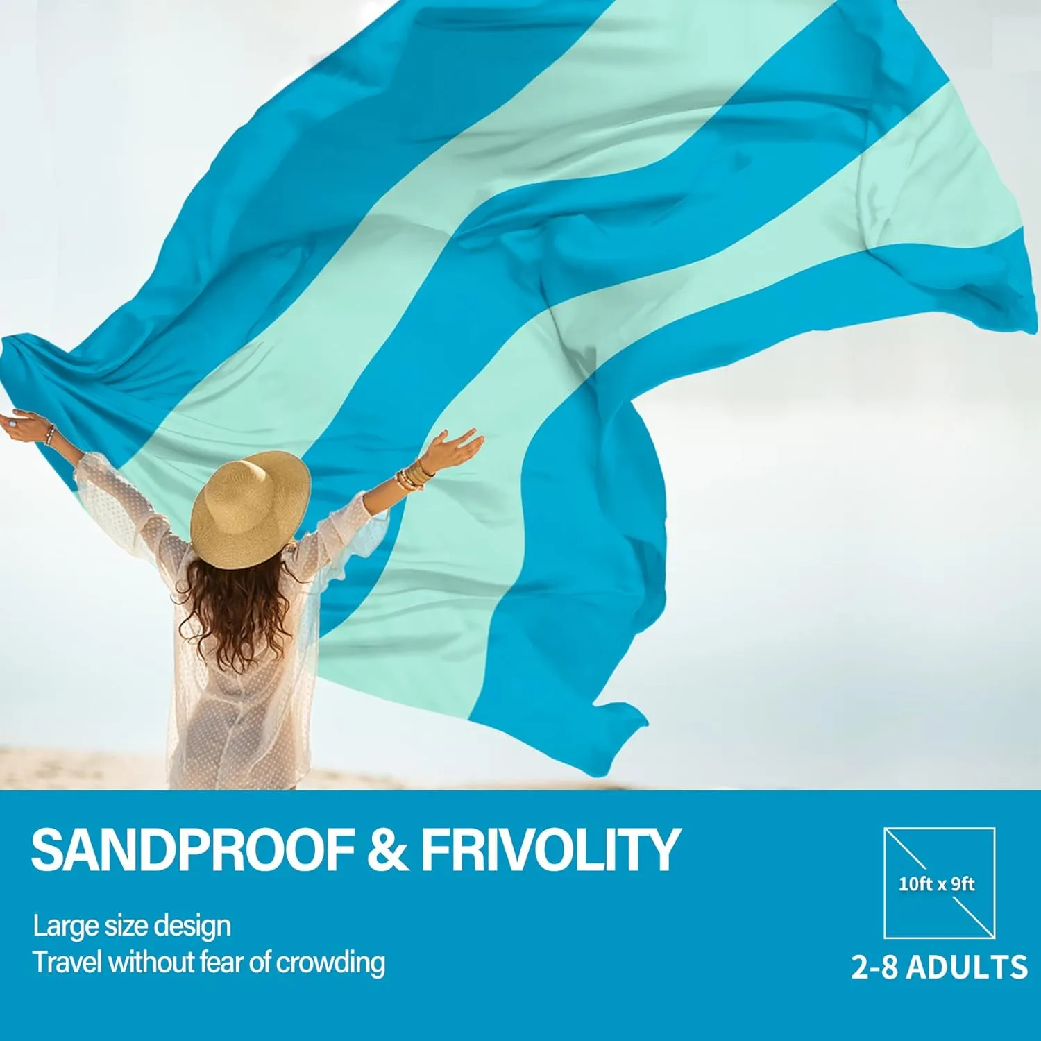 Beach Blanket Oversized Extra Large 10'X 9',Waterproof Sandproof Beach Blanket 2-8 Adults Lightweight Durable for Travel Camping Hiking Picnic (10'X 9', Green&White)