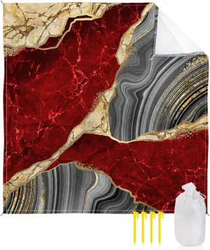 Beach Blanket Sandproof, Abstract Red Grey Gold Marble Waterproof Beach Mat Lightweight Quick Drying Picnic Blanket Beach Essentials for Travel Camping Hiking 118x108in