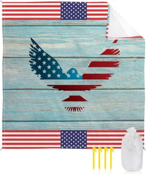 Beach Blanket Sandproof, American Flag Eagle Red Stripe Retro Wood Grain Waterproof Beach Mat Lightweight Quick Drying Picnic Blanket Beach Essentials for Travel Camping Hiking 95x80in
