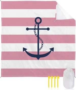Beach Blanket Sandproof, Pink Nautical Anchor Geometric Stripes Pattern Waterproof Beach Mat Lightweight Quick Drying Picnic Blanket Beach Essentials for Travel Camping Hiking 118x108in