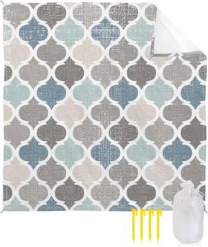 Beach Blanket Sandproof, Vintage Blue Teal Moroccan Tile Pattern Burlap Waterproof Beach Mat Lightweight Quick Drying Picnic Blanket Beach Essentials for Travel Camping Hiking 108x84in