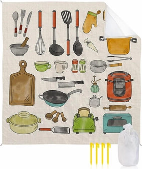Beach Blanket Sandproof, Cartoon Kitchen Utensils Pots and Pans Waterproof Beach Mat Lightweight Quick Drying Picnic Blanket Beach Essentials for Travel Camping Hiking 83x79in