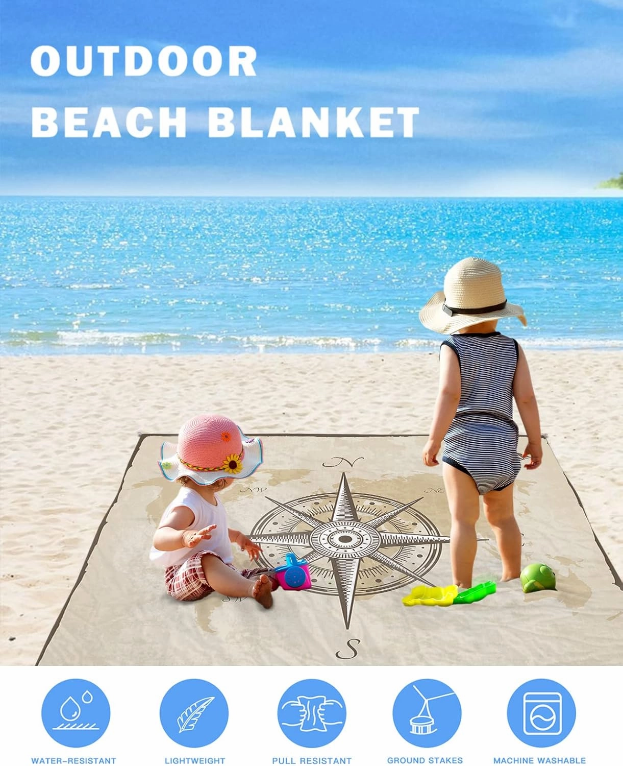 Beach Blanket Sandproof, Compass Sail Rustic Waterproof Beach Mat Lightweight Quick Drying Picnic Blanket Beach Essentials for Travel Camping Hiking 83x79in