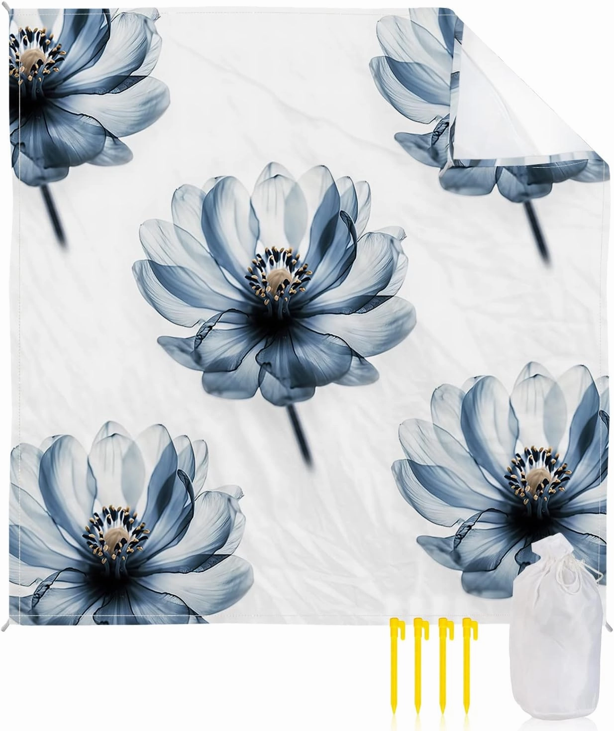 Beach Blanket Sandproof, Flowers Blue Floral Pattern White Waterproof Beach Mat Lightweight Quick Drying Picnic Blanket Beach Essentials for Travel Camping Hiking 95x80in
