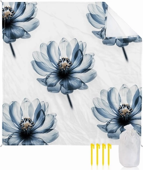 Beach Blanket Sandproof, Flowers Blue Floral Pattern White Waterproof Beach Mat Lightweight Quick Drying Picnic Blanket Beach Essentials for Travel Camping Hiking 95x80in