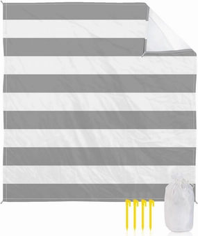 Beach Blanket Sandproof, Gray and White Stripe Waterproof Beach Mat Lightweight Quick Drying Picnic Blanket Beach Essentials for Travel Camping Hiking 108x84in
