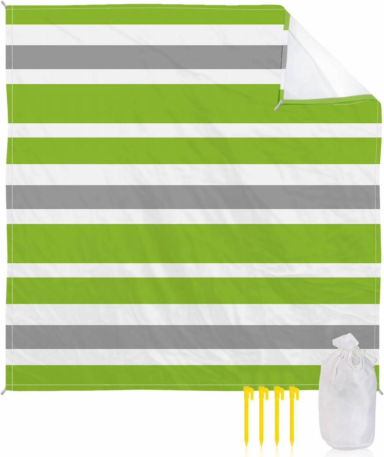 Beach Blanket Sandproof, Green Gray White Geometric Stripes Waterproof Beach Mat Lightweight Quick Drying Picnic Blanket Beach Essentials for Travel Camping Hiking 118x108in