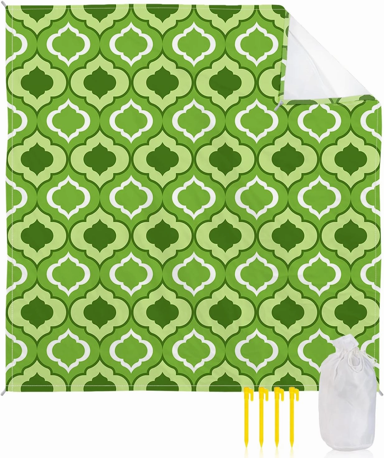 Beach Blanket Sandproof, Green Moroccan Pattern Geometric Waterproof Beach Mat Lightweight Quick Drying Picnic Blanket Beach Essentials for Travel Camping Hiking 118x108in