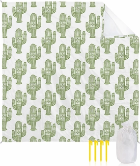 Beach Blanket Sandproof, Mexico Ethnic Green Cactus Plant White Background Waterproof Beach Mat Lightweight Quick Drying Picnic Blanket Beach Essentials for Travel Camping Hiking 83x79in