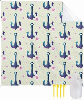 Beach Blanket Sandproof, Nautical Ocean Anchor Pink Flower Waterproof Beach Mat Lightweight Quick Drying Picnic Blanket Beach Essentials for Travel Camping Hiking 83x79in