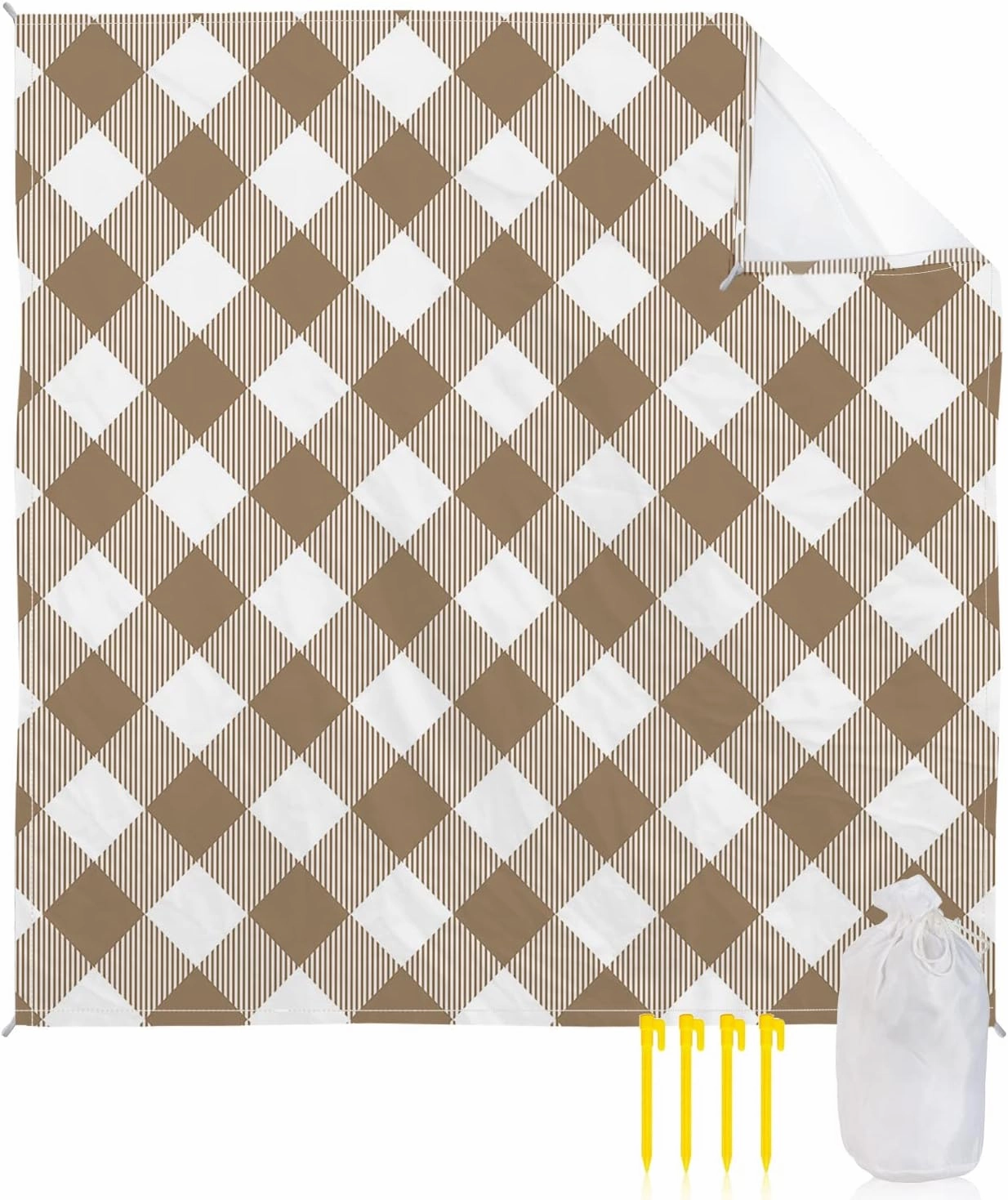 Beach Blanket Sandproof, Pastoral Style Light Brown Lattice Waterproof Beach Mat Lightweight Quick Drying Picnic Blanket Beach Essentials for Travel Camping Hiking 83x79in