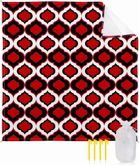 Beach Blanket Sandproof, Red and Black Moroccan Pattern Geometric Waterproof Beach Mat Lightweight Quick Drying Picnic Blanket Beach Essentials for Travel Camping Hiking 83x79in