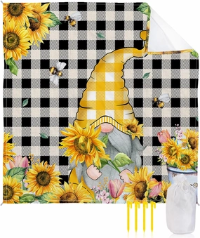 Beach Blanket Sandproof, Sunflower Gnome Bees Flowers Vintage Black Plaid Waterproof Beach Mat Lightweight Quick Drying Picnic Blanket Beach Essentials for Travel Camping Hiking 83x79in